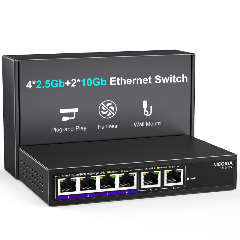 NICGIGA 10Gbe Ethernet Switch Unmanaged with 2 x 10Gb RJ45 Ports 4 x 25Gb BaseT Ports DesktopWall Mount NICGIGA 6 Port 10Gbps Network Switch for Wireless AP NAS PC - Image 2