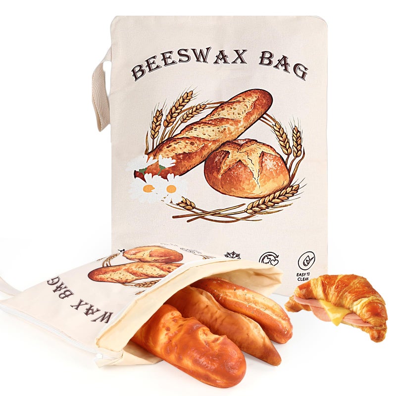 Nedsewor 2 Pack Large Wide Zipper Design Beeswax Bread Bags for Sourdough Bread â€“ Wide Access & Reusable Cotton Organic Beeswax Lined for Homemade Bag to Keep Fresh Longer, Kitchen Sustainable Storage - Image 1