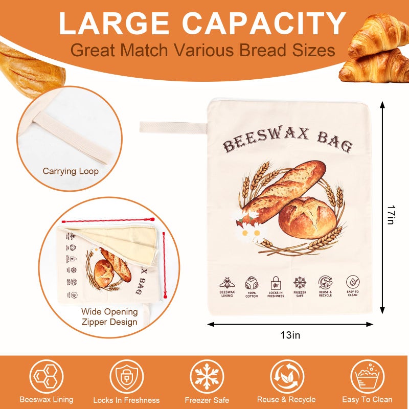 Nedsewor 2 Pack Large Wide Zipper Design Beeswax Bread Bags for Sourdough Bread â€“ Wide Access & Reusable Cotton Organic Beeswax Lined for Homemade Bag to Keep Fresh Longer, Kitchen Sustainable Storage - Image 2