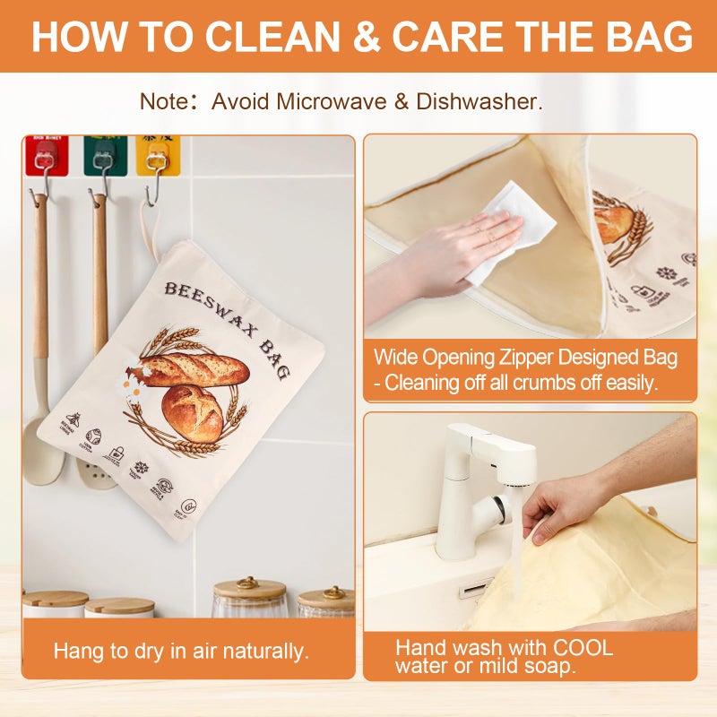 Nedsewor 2 Pack Large Wide Zipper Design Beeswax Bread Bags for Sourdough Bread â€“ Wide Access & Reusable Cotton Organic Beeswax Lined for Homemade Bag to Keep Fresh Longer, Kitchen Sustainable Storage - Image 4