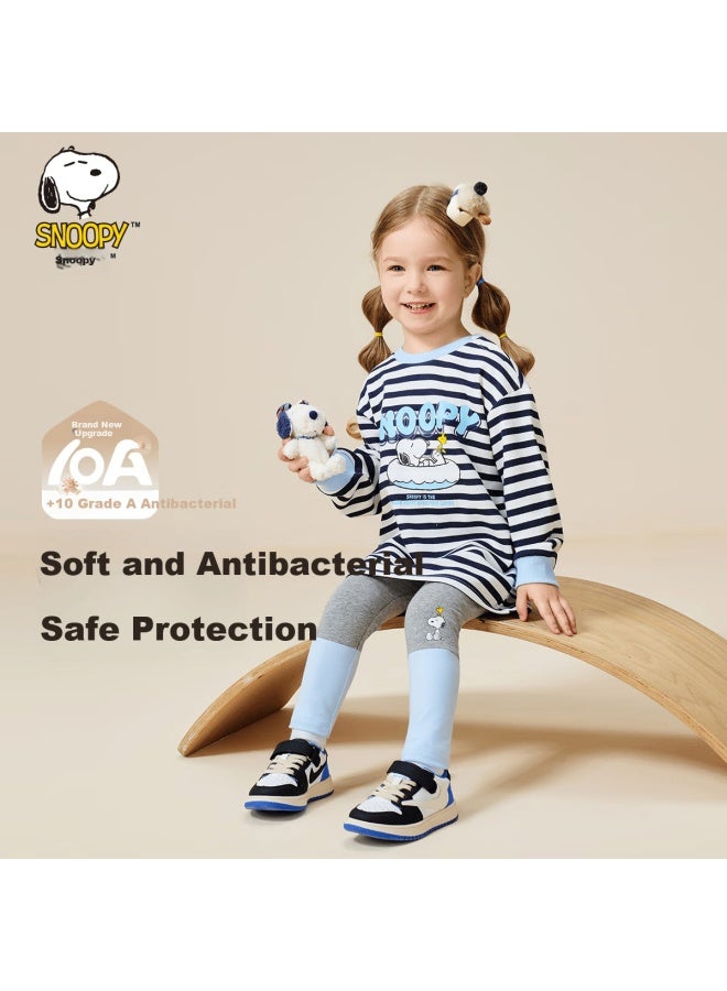 Snoopy Girls' Set Children's Long Sleeve T-shirt And Leggings Comfortable Striped Loose Long Top Striped Set Light Gray - Image 1