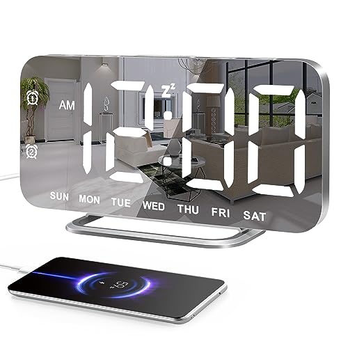 Slim LED Digital Alarm Clock Mirror Surface for Makeup with Diming Large Display Easy Setting USB Ports Modern Decor for Bedroom Desk Xmas Birthday Gift for Women Sister Teen Girl Silver