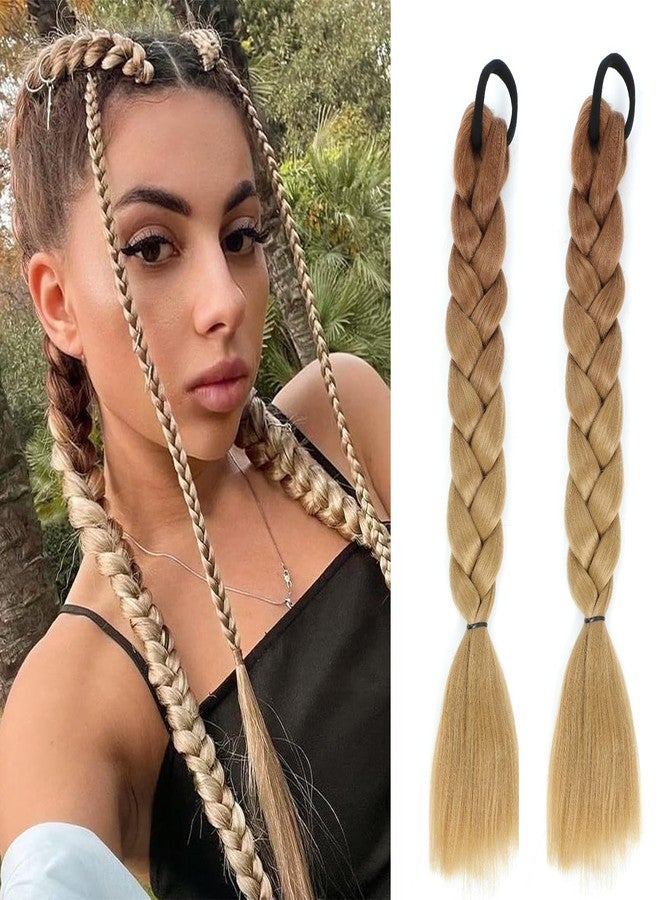 shufang 2 Packs 16 Inch Ombre Brown Long Braid Ponytail Extension for Black Women with Tie Straight Braid Extensions Can be Restyle Soft Synthetic Piece for Women - Image 1