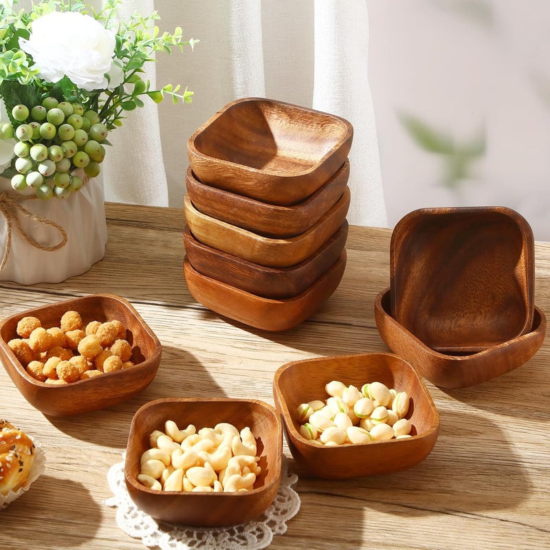 FillTouch 10 Pcs Natural Acacia Wooden Bowl Small Square Wood Serving Bowl 4 x 4 x 16 Inch Handmade Calabash Dessert Bowls Mini Wooden Bowl for Kitchen Appetizers Candy Fruits Dips Sauce Seeds Snacks - Image 4