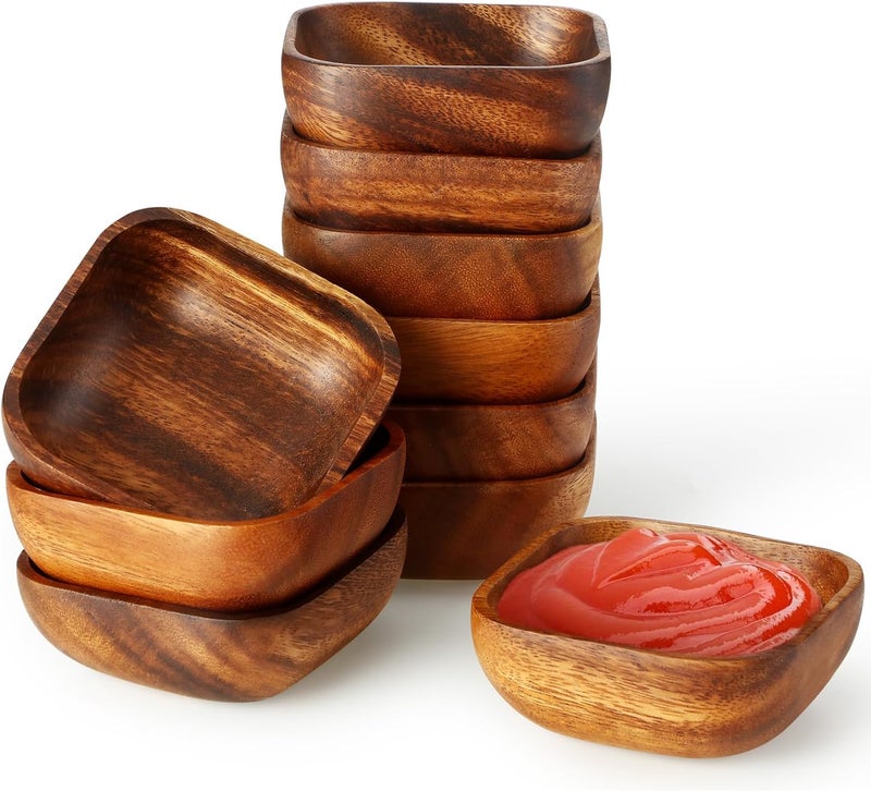 FillTouch 10 Pcs Natural Acacia Wooden Bowl Small Square Wood Serving Bowl 4 x 4 x 16 Inch Handmade Calabash Dessert Bowls Mini Wooden Bowl for Kitchen Appetizers Candy Fruits Dips Sauce Seeds Snacks - Image 1