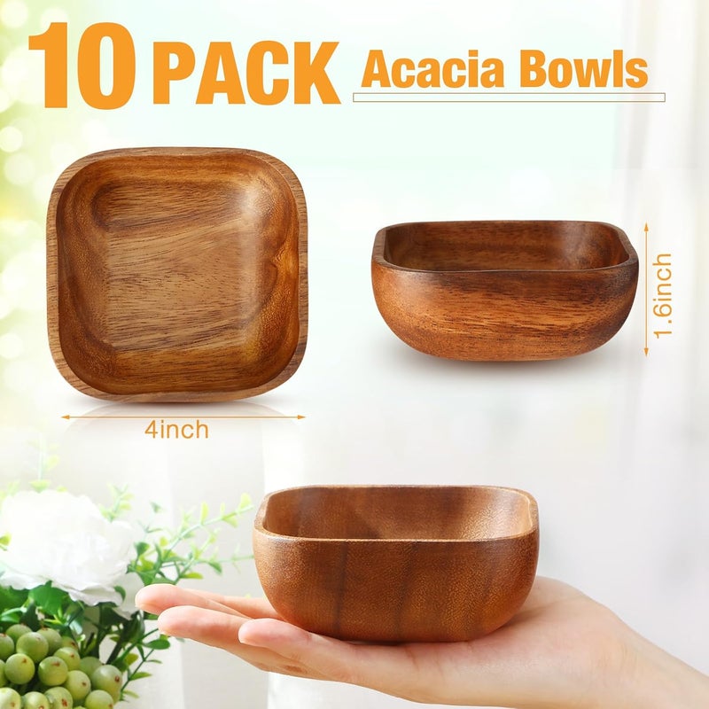 FillTouch 10 Pcs Natural Acacia Wooden Bowl Small Square Wood Serving Bowl 4 x 4 x 16 Inch Handmade Calabash Dessert Bowls Mini Wooden Bowl for Kitchen Appetizers Candy Fruits Dips Sauce Seeds Snacks - Image 2