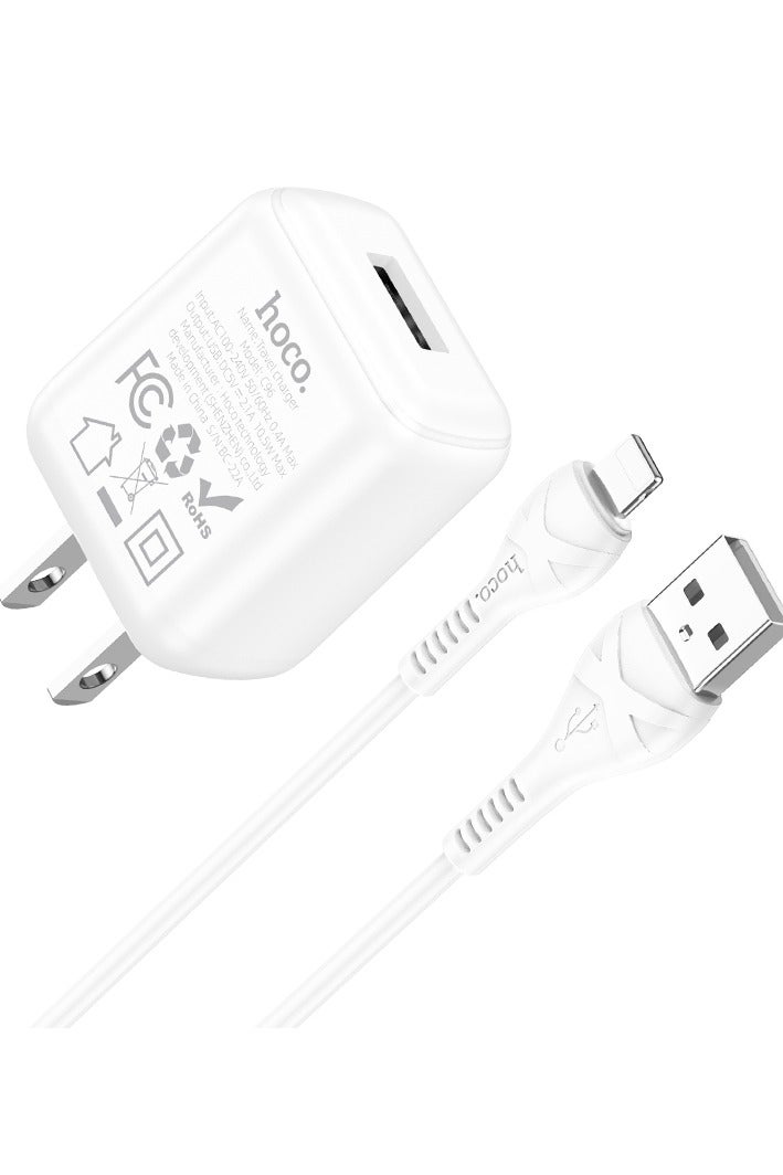 Hoco C96 Wall charger Single Port ( 5V/2.1A ) with Cable Lightning 1M , US Plug Protocols For iPhone Samsung Xiaomi Oppo Huawei - White - Image 2