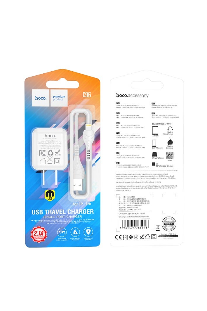 Hoco C96 Wall charger Single Port ( 5V/2.1A ) with Cable Lightning 1M , US Plug Protocols For iPhone Samsung Xiaomi Oppo Huawei - White - Image 4