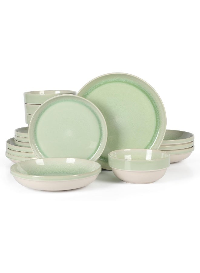 Sur La Table Sur La Table Kitchen Essentials Banquette 16 Piece Double Bowl Plates and Bowls Reactive Glaze Stoneware Dinnerware Set Green  - Image 1