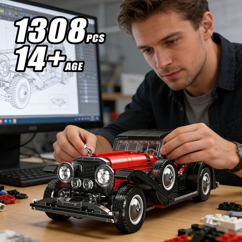 mould king 10114 Classic Cars Building Kits, MOC Vintage Car Model Building Blocks Set, Gift for Age 14+/Adult Collections Enthusiasts(1308+ Pieces, Static Version) - Image 5