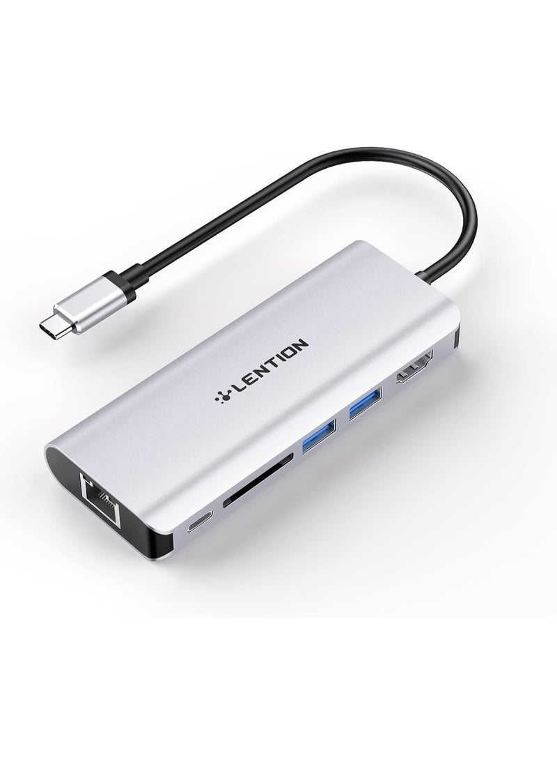 Lention LENTION LENTION USB-C Digital AV Multiport Hub with 4K HDMI, 2 USB 3.0, SD Card Reader, Type C Charging and Gigabit Ethernet Adapter for 2016 2017 MacBook Pro 13 15, MacBook 12, Dell XPS, More (Silver  - Image 1