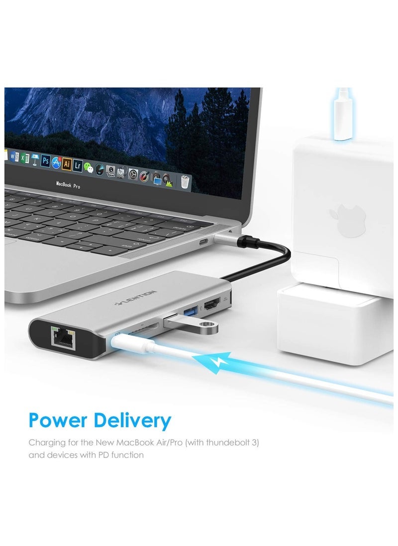 Lention LENTION LENTION USB-C Digital AV Multiport Hub with 4K HDMI, 2 USB 3.0, SD Card Reader, Type C Charging and Gigabit Ethernet Adapter for 2016 2017 MacBook Pro 13 15, MacBook 12, Dell XPS, More (Silver  - Image 3