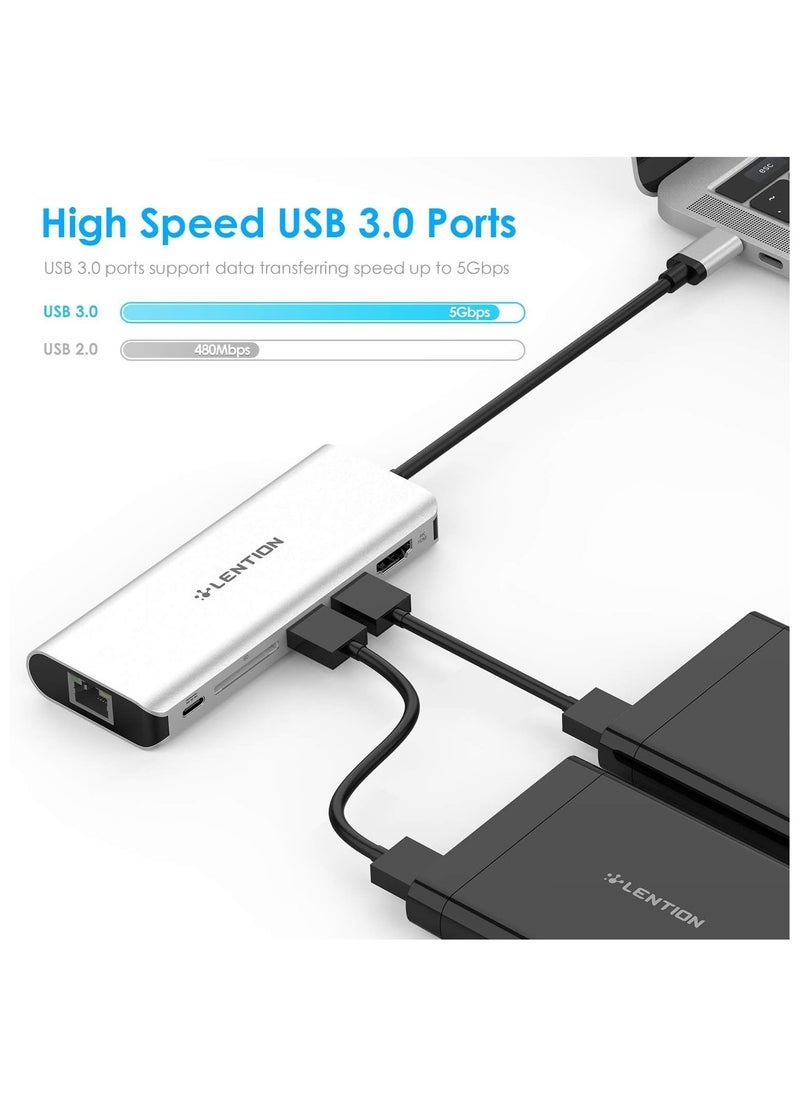 Lention LENTION LENTION USB-C Digital AV Multiport Hub with 4K HDMI, 2 USB 3.0, SD Card Reader, Type C Charging and Gigabit Ethernet Adapter for 2016 2017 MacBook Pro 13 15, MacBook 12, Dell XPS, More (Silver  - Image 2