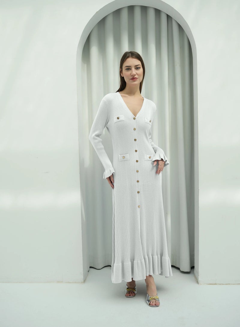 Andy 2330 | Elegant Button-Down Ribbed Knit Maxi Dress with Flared Cuffs and Ruffle Hem - Stylish and Comfortable | White