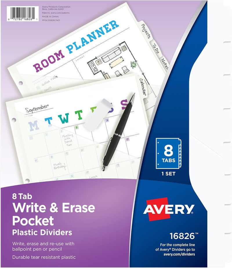 AVERY Durable Plastic 8 Tab Write & Erase Dividers for 3 Ring Binders, Slash Pocket, Translucent White, Works with Sheet Protectors, 1 Set (16826) - Image 1