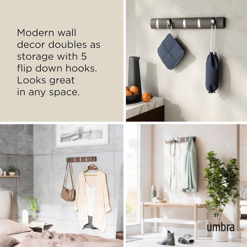 UMBRA Flip Wall-Mounted Coat Rack with 5 Hooks – Modern, Space-Saving Storage for Hats, Jackets, Bags, Entryway, Mudroom, Closet, Bathroom, Bedroom – Driftwood/Nickel - Image 4