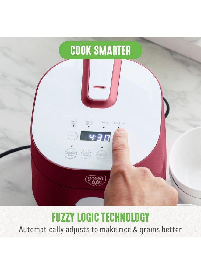 GreenLife GreenLife Digital Rice Cooker, 2 Cups Uncooked/4 Cooked Rice, PFAS & PFOA-Free Removable Ceramic Dishwasher Safe Pot, Healthy Cooking, Auto Presets & Keep Warm, Touchscreen, Paddle Included, Red  - Image 2