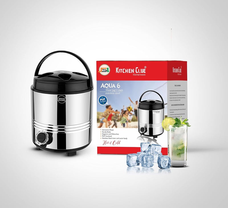 JSI Stainless Steel Water Jug 5 Liters I PUF Insulated Thermally Hot Cold Water Containers for Home Kitchen Office I Hot Tea FlaskBottle Jug I Easy to Carry Handle I Ideal for Gifting - Image 1