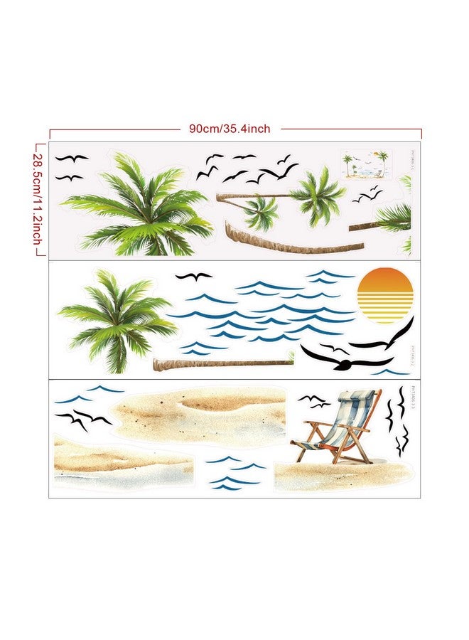Prabahdak Palm Tree Wall Decals Watercolor Tropical Sea Waves Seagull Wall Stickers Peel and Stick Sunshine Beach Lounge Chairs Wall Decal Sticker Decal Bedroom Nursery Bathroom Kids Room Holiday Supply Decor - Image 5