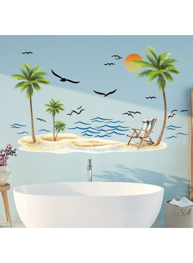 Prabahdak Palm Tree Wall Decals Watercolor Tropical Sea Waves Seagull Wall Stickers Peel and Stick Sunshine Beach Lounge Chairs Wall Decal Sticker Decal Bedroom Nursery Bathroom Kids Room Holiday Supply Decor - Image 4