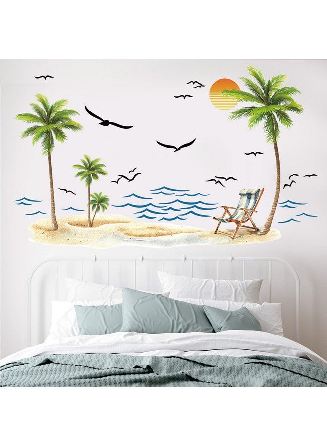 Prabahdak Palm Tree Wall Decals Watercolor Tropical Sea Waves Seagull Wall Stickers Peel and Stick Sunshine Beach Lounge Chairs Wall Decal Sticker Decal Bedroom Nursery Bathroom Kids Room Holiday Supply Decor - Image 3