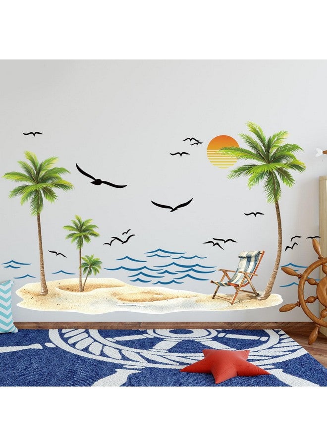 Prabahdak Palm Tree Wall Decals Watercolor Tropical Sea Waves Seagull Wall Stickers Peel and Stick Sunshine Beach Lounge Chairs Wall Decal Sticker Decal Bedroom Nursery Bathroom Kids Room Holiday Supply Decor - Image 2