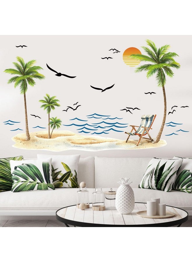 Prabahdak Palm Tree Wall Decals Watercolor Tropical Sea Waves Seagull Wall Stickers Peel and Stick Sunshine Beach Lounge Chairs Wall Decal Sticker Decal Bedroom Nursery Bathroom Kids Room Holiday Supply Decor - Image 1