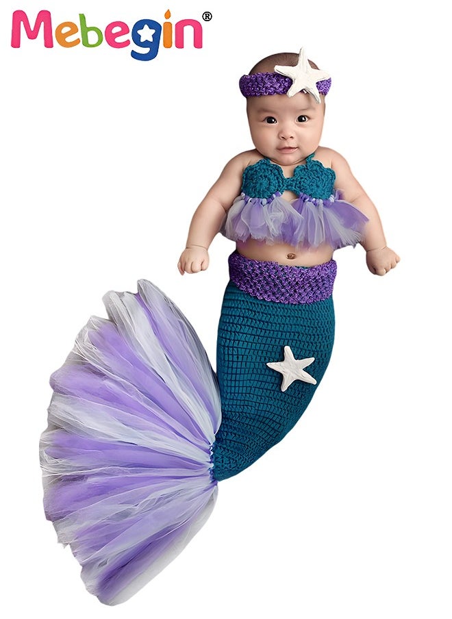 MEBEGIN - Infant Mermaid Costume, 3-piece Crochet Knit Outfit, Handmade Knitted Newborn Photography Outfits with Adorable Design, Newborn Soft Photography Props, Creative Photoshoot Outfits for Infants, Perfect for Baby Photography Shoots, Ideal Newborn Baby Gift - Image 1