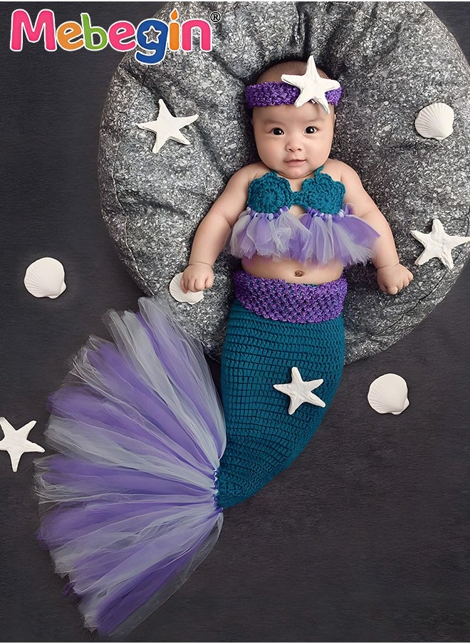 MEBEGIN - Infant Mermaid Costume, 3-piece Crochet Knit Outfit, Handmade Knitted Newborn Photography Outfits with Adorable Design, Newborn Soft Photography Props, Creative Photoshoot Outfits for Infants, Perfect for Baby Photography Shoots, Ideal Newborn Baby Gift - Image 1