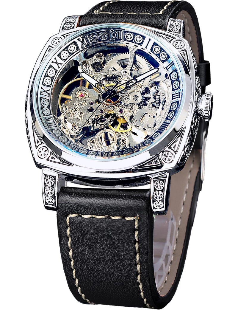 FORSINING Square Luxury Retro Mechanical Watch for Men, Gorgeous Hollow Skeleton Self-Wind Carved Automatic Watches Vintage Leather Strap Wristwatch Silver Dail Black Strap - Image 1