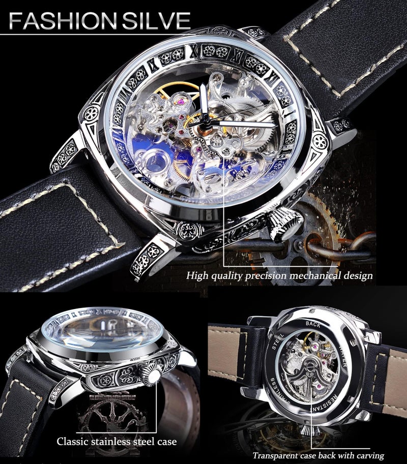 FORSINING Square Luxury Retro Mechanical Watch for Men, Gorgeous Hollow Skeleton Self-Wind Carved Automatic Watches Vintage Leather Strap Wristwatch Silver Dail Black Strap - Image 4