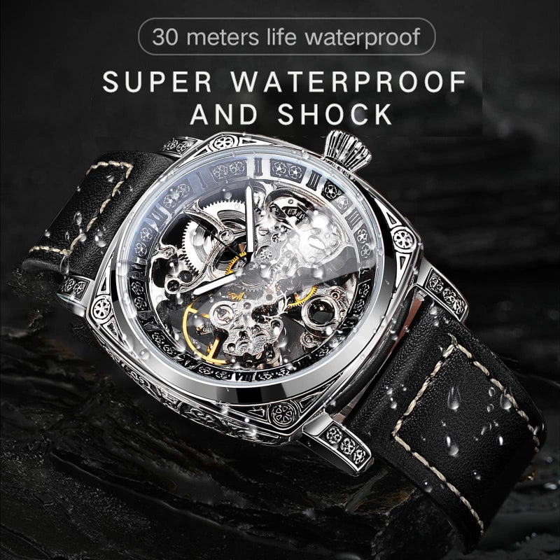 FORSINING Square Luxury Retro Mechanical Watch for Men, Gorgeous Hollow Skeleton Self-Wind Carved Automatic Watches Vintage Leather Strap Wristwatch Silver Dail Black Strap - Image 5