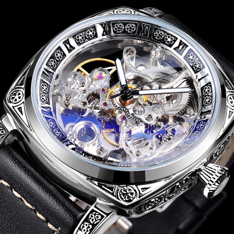 FORSINING Square Luxury Retro Mechanical Watch for Men, Gorgeous Hollow Skeleton Self-Wind Carved Automatic Watches Vintage Leather Strap Wristwatch Silver Dail Black Strap - Image 2