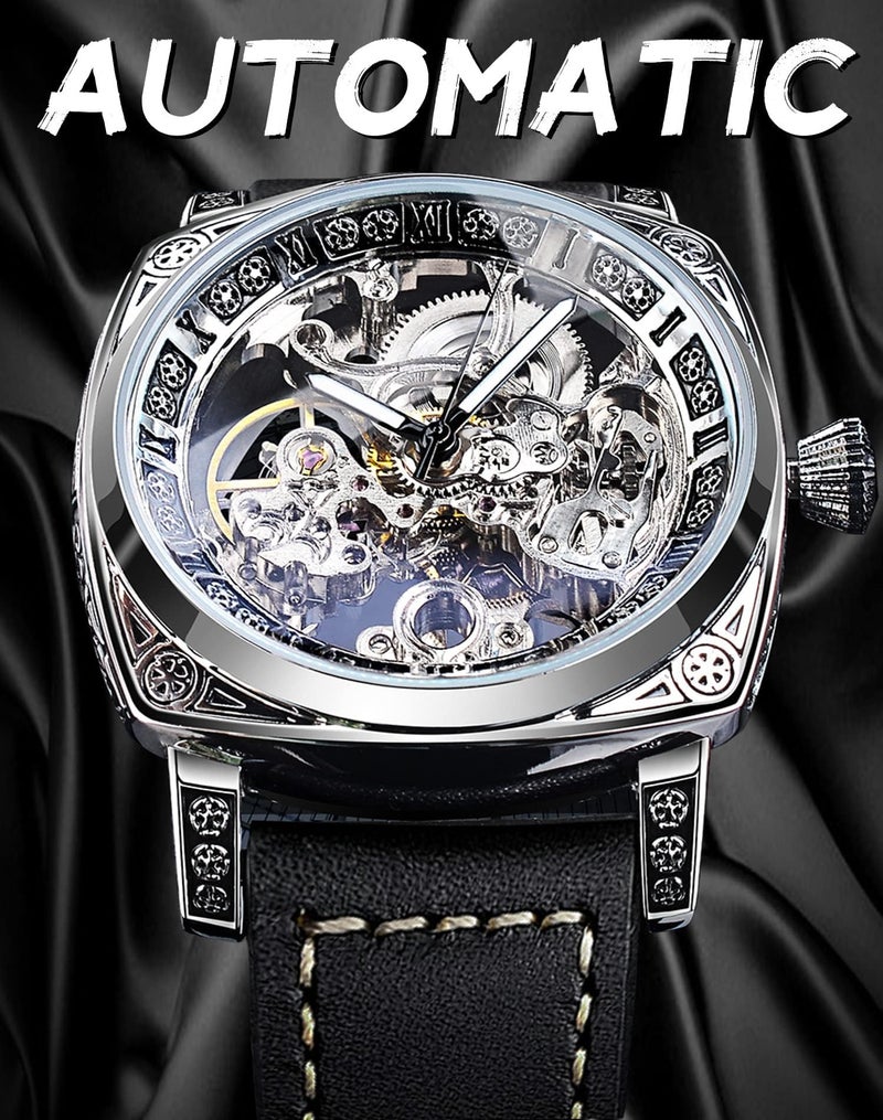 FORSINING Square Luxury Retro Mechanical Watch for Men, Gorgeous Hollow Skeleton Self-Wind Carved Automatic Watches Vintage Leather Strap Wristwatch Silver Dail Black Strap - Image 3
