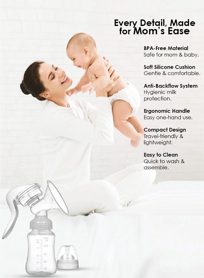 لطف وحضن شفاط حليب يدوي للأم والطفل بشفط لطيف، محمول وسهل التنظيف مع درع سيليكون ناعم وزجاجة رضاعة (أبيض) - Image 4