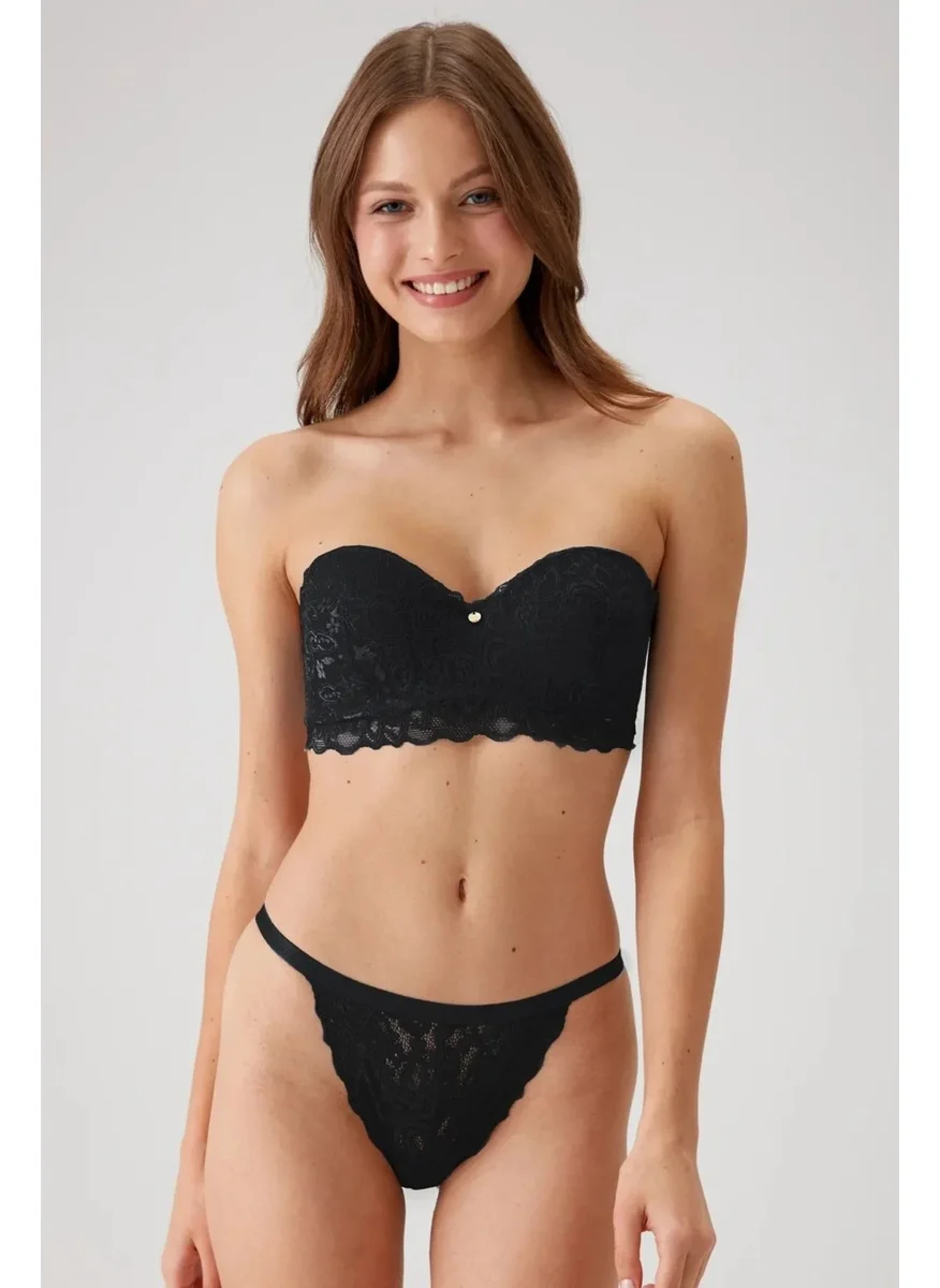بيير كاردان 4736 Non-supported Strapless Bra Panty Set-Black
