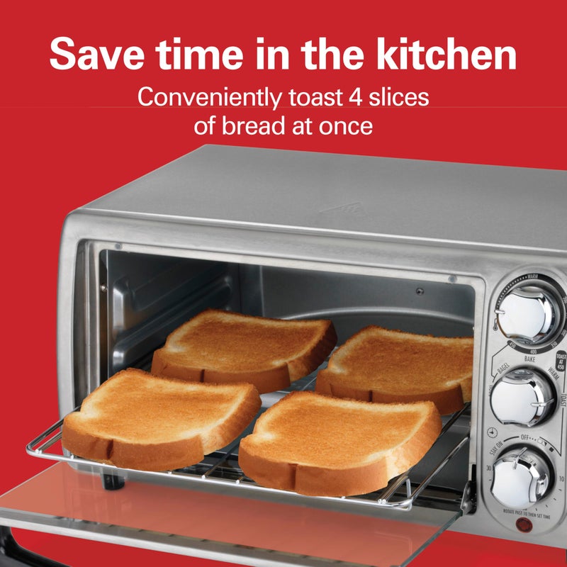 Hamilton Beach 4-Slice Toaster Oven with 5 Cooking Modes (Bake, Broil, Keep Warm Toast & Bagel) with Stay On & Auto Shutoff, 2 Rack Positions, 1100 Watts and 3 Accessories, Stainless Steel (31143) - Image 2