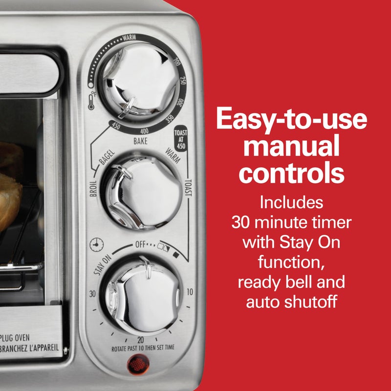 Hamilton Beach 4-Slice Toaster Oven with 5 Cooking Modes (Bake, Broil, Keep Warm Toast & Bagel) with Stay On & Auto Shutoff, 2 Rack Positions, 1100 Watts and 3 Accessories, Stainless Steel (31143) - Image 4