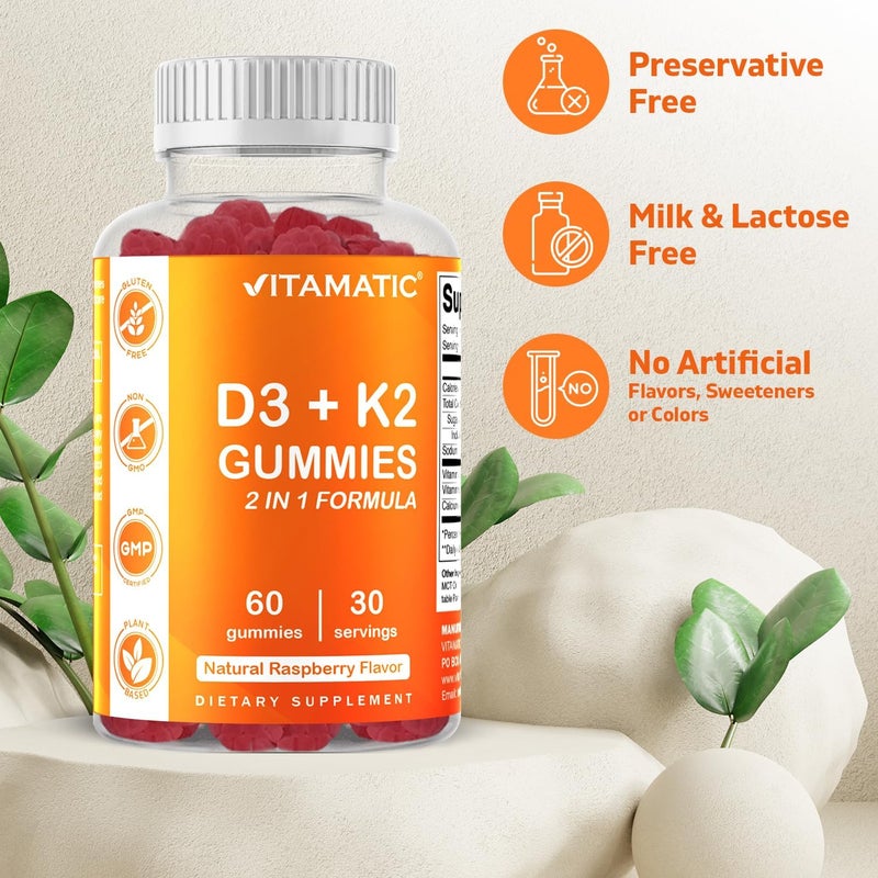 Vitamatic Vitamin D3  K2 Gummies 2Pack 60 Count Supports Healthy Bones Heart Health Calcium Absorption and Immune Function PlantBased NonGMO GlutenFree - Image 2