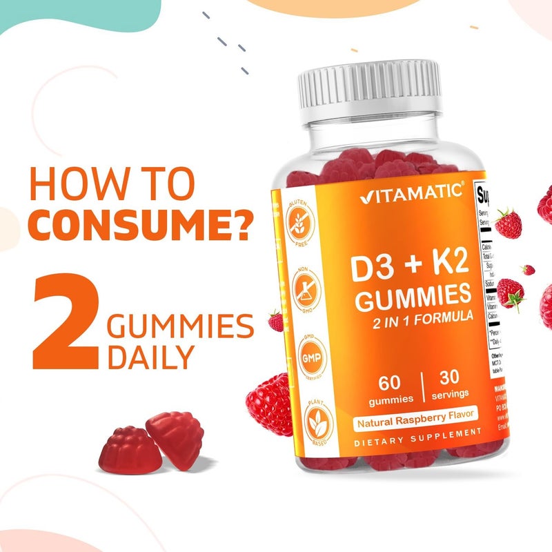 Vitamatic Vitamin D3  K2 Gummies 2Pack 60 Count Supports Healthy Bones Heart Health Calcium Absorption and Immune Function PlantBased NonGMO GlutenFree - Image 3