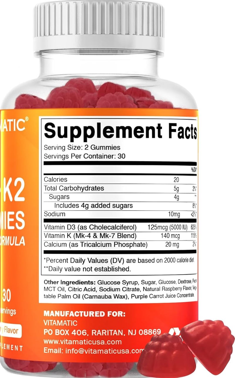 Vitamatic Vitamin D3  K2 Gummies 2Pack 60 Count Supports Healthy Bones Heart Health Calcium Absorption and Immune Function PlantBased NonGMO GlutenFree - Image 5