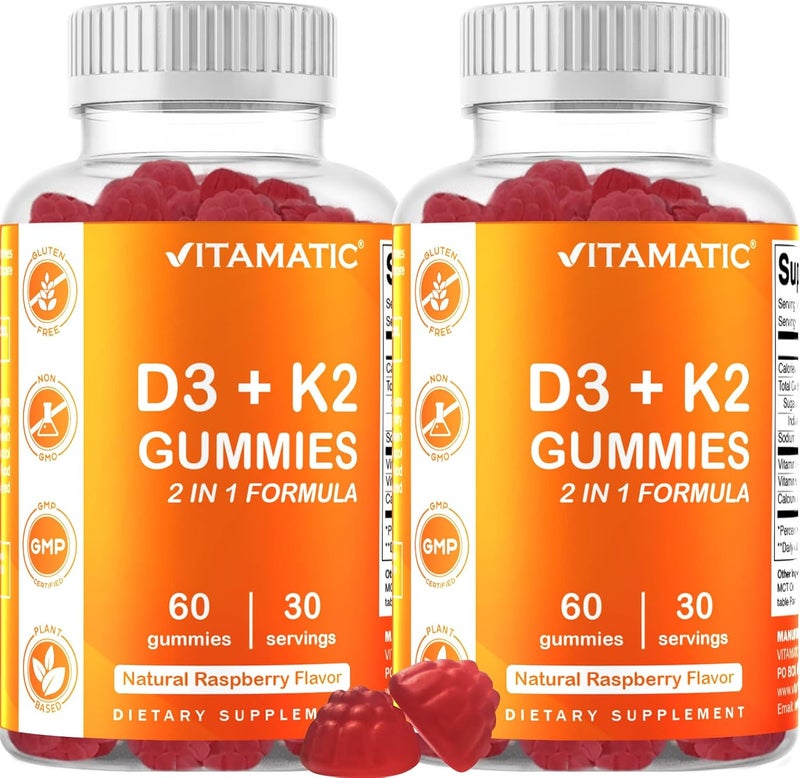 Vitamatic Vitamin D3  K2 Gummies 2Pack 60 Count Supports Healthy Bones Heart Health Calcium Absorption and Immune Function PlantBased NonGMO GlutenFree - Image 1