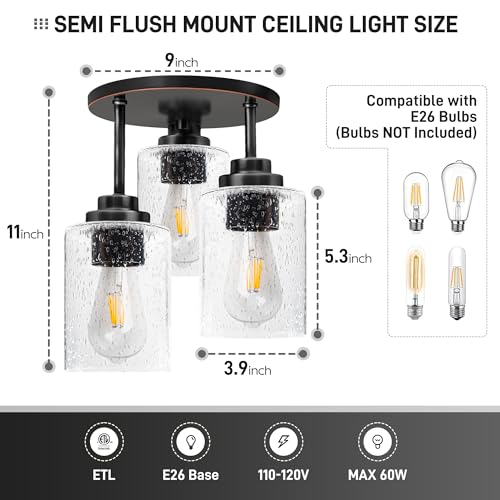 hykolity 3-Light Semi Flush Mount Ceiling Light, 9 Inch Oil Rubbed Bronze Close to Ceiling Light Fixtures with Seeded Glass Shades, Modern Ceiling Lighting for Kitchen, Bedroom, Entryway, ETL Listed - Image 5