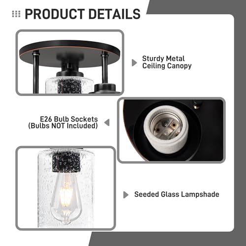 hykolity 3-Light Semi Flush Mount Ceiling Light, 9 Inch Oil Rubbed Bronze Close to Ceiling Light Fixtures with Seeded Glass Shades, Modern Ceiling Lighting for Kitchen, Bedroom, Entryway, ETL Listed - Image 2
