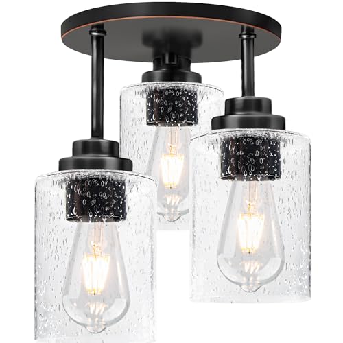 hykolity 3-Light Semi Flush Mount Ceiling Light, 9 Inch Oil Rubbed Bronze Close to Ceiling Light Fixtures with Seeded Glass Shades, Modern Ceiling Lighting for Kitchen, Bedroom, Entryway, ETL Listed - Image 1