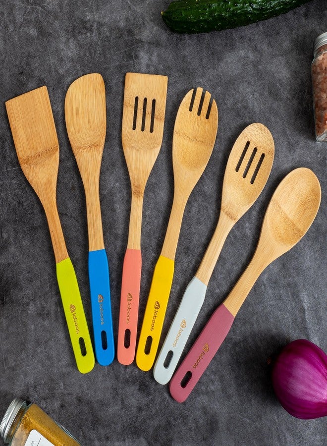 laboos Colorful Bamboo Wooden Spoons for Cooking, 6-Piece Kitchen Utensil Set - Nonstick Cooking Tools with Lightweight Wood Spatula & Spoon - Apartment Essentials & Gift Idea - Image 2