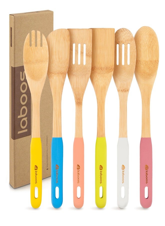 laboos Colorful Bamboo Wooden Spoons for Cooking, 6-Piece Kitchen Utensil Set - Nonstick Cooking Tools with Lightweight Wood Spatula & Spoon - Apartment Essentials & Gift Idea - Image 1