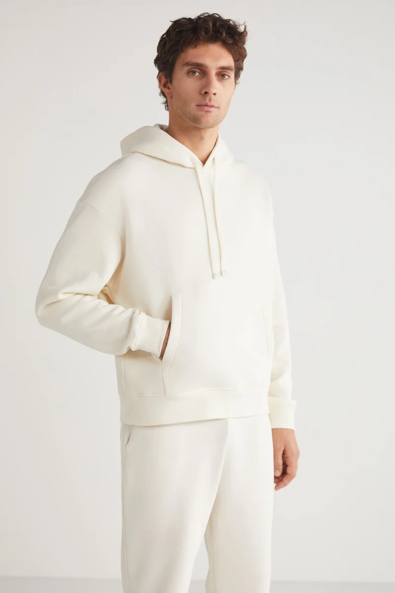 جريميلانج Eron Men's Hooded Kangaroo Pocket Fleece Inside Ecru Tracksuit Set