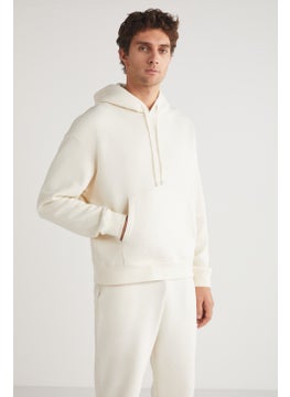 GRIMELANGE Eron Men's Hooded Kangaroo Pocket Fleece Inside Ecru Tracksuit Set  - Image 3