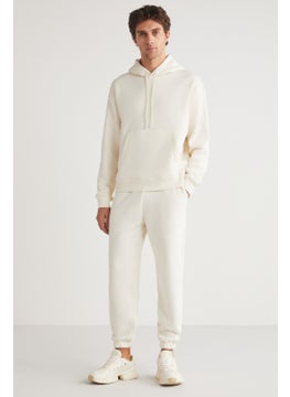 GRIMELANGE Eron Men's Hooded Kangaroo Pocket Fleece Inside Ecru Tracksuit Set  - Image 1